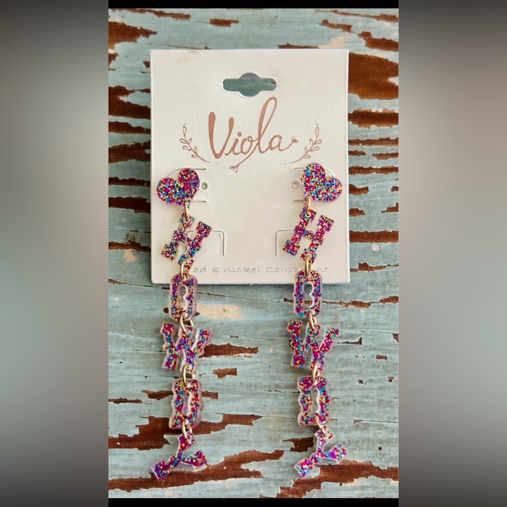 VIOLA • Multicolor Glitter 'Howdy' Drop Earrings - Hearts & Bling